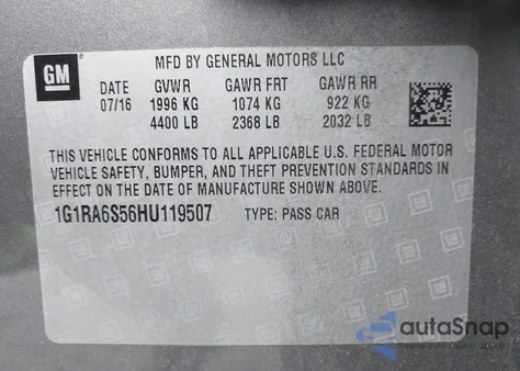 2017 Chevrolet Volt Lt z USA, uszkodzony, nr VIN 1G1RA6S56HU119507